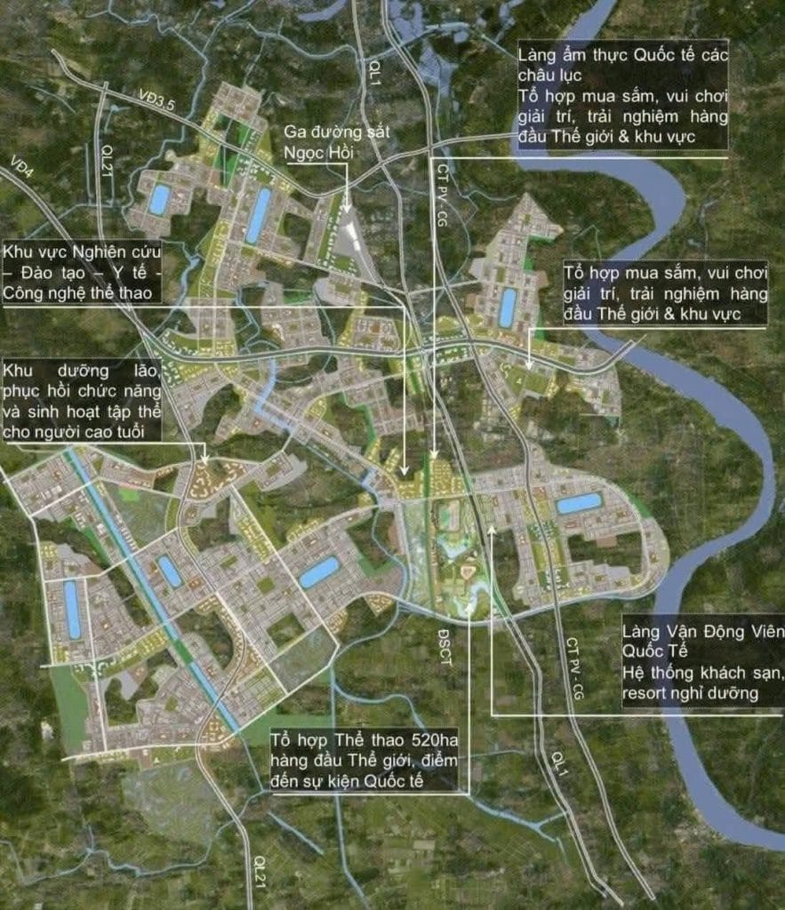 Sơ đồ tiện ích các khu chức năng trọng điểm của dự án Thành Phố Thể Thao Olympic