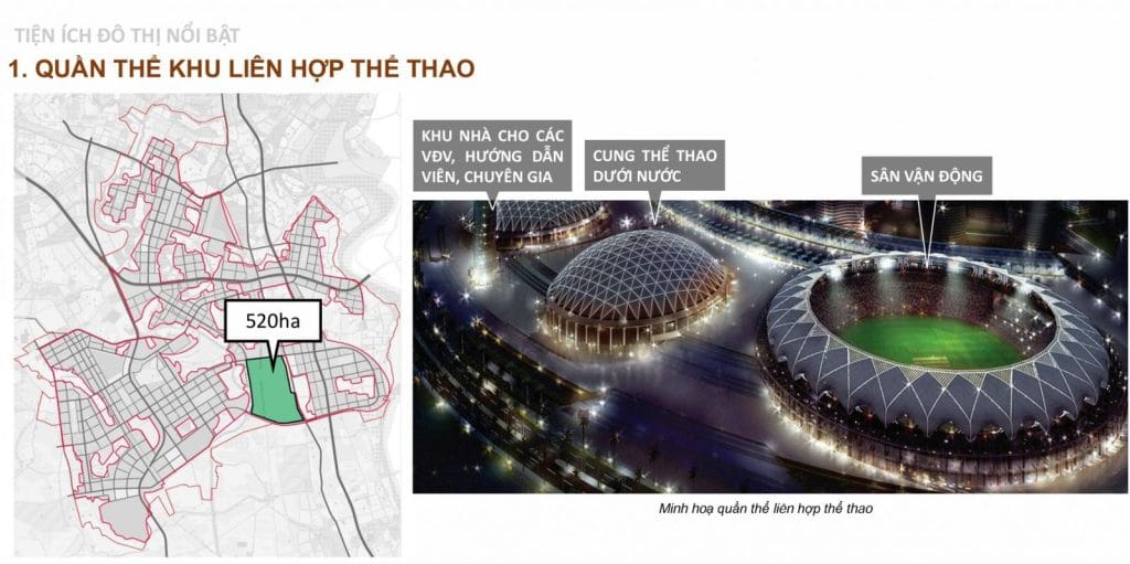 Quần thể Khu Liên hợp Thể thao Olympic Hà Nội – nơi hội tụ các công trình thể thao đỉnh cao: sân vận động quốc tế, cung thể thao dưới nước và khu nhà cho vận động viên, huấn luyện viên, chuyên gia. Đây sẽ là trung tâm thể thao lớn, là điểm đến của các sự kiện thể thao tầm cỡ thế giới