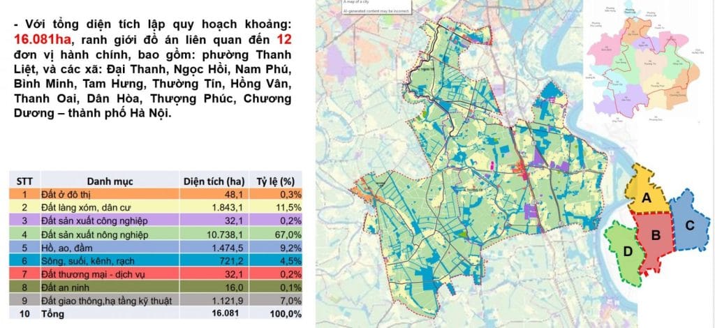 Quy hoạch tổng thể của thành phố thể thao Olympic Hà Nội với diện tích 16.081 ha, bao gồm các khu vực như Thanh Liệt, Đại Thanh, Ngọc Hồi, và nhiều khu vực lân cận khác