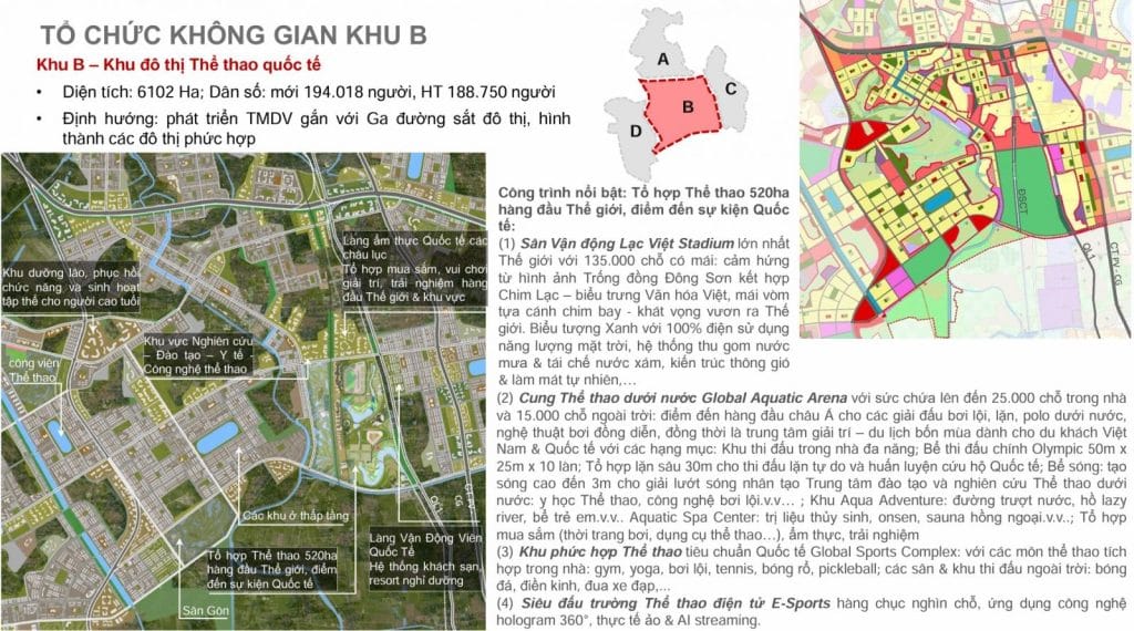 Khu B của thành phố thể thao Hà Nội: Tập trung vào phát triển các công trình thể thao quốc tế, bao gồm Sân vận động Lạc Việt, Arena thể thao toàn cầu, khu nghỉ dưỡng cao cấp, và các tiện ích thể thao hiện đại