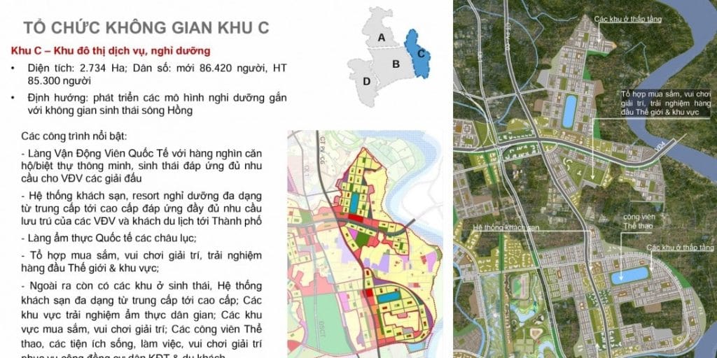 Khu C tập trung vào phát triển các mô hình nghỉ dưỡng và dịch vụ gắn liền với không gian sinh thái sông Hồng, mang đến một môi trường sống gần gũi với thiên nhiên
