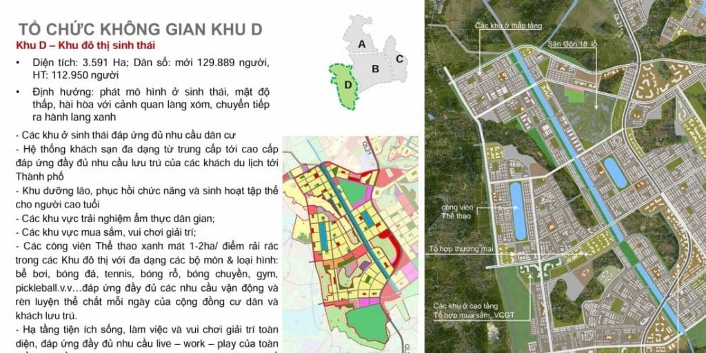 Khu D tập trung phát triển khu đô thị sinh thái với không gian sống hòa hợp với thiên nhiên, mật độ xây dựng thấp, khu vui chơi, thể thao, và các tiện ích phục vụ du lịch cao cấp